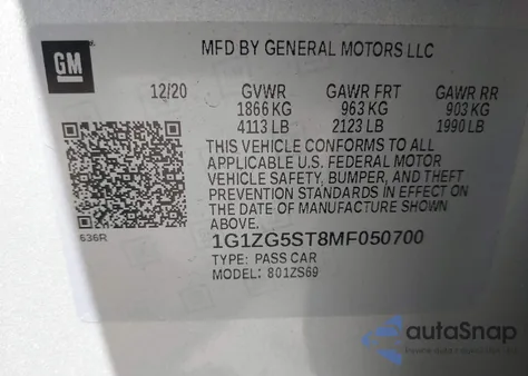 2021 Chevrolet Malibu Fwd Rs from USA, damaged, VIN 1G1ZG5ST8MF050700